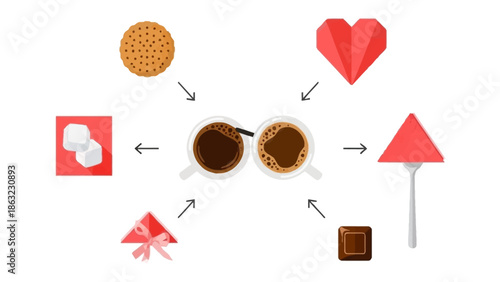 Coffee Rendezvous: A visual symphony of coffee cups, complemented by biscuit, a sugar cube, chocolate and other symbolic elements.