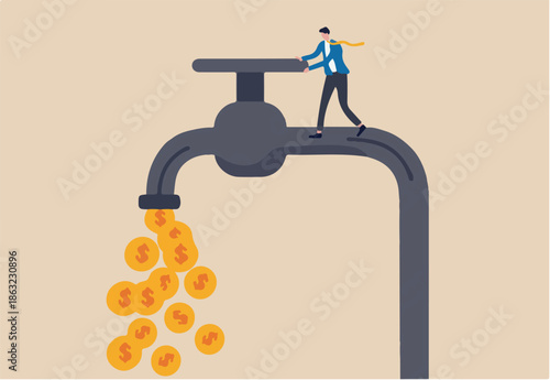 Cash flow, making profit from business or earning from stock investment concept, wealthy businessman business owner or investor opening water tap to let gold dollar coins money flowing out.