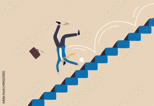 Business risk, mistake or failure, challenge or problem and difficulty, accident causing bankruptcy concept, misfortune businessman fall down stairs in economic crisis or career stumble
