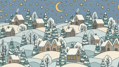 Snowy village at night time.