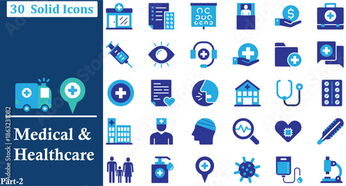 medical and healthcare solid icon set for hospital, clinic, doctor, pharmacy, insurance, emergency and health app ui design