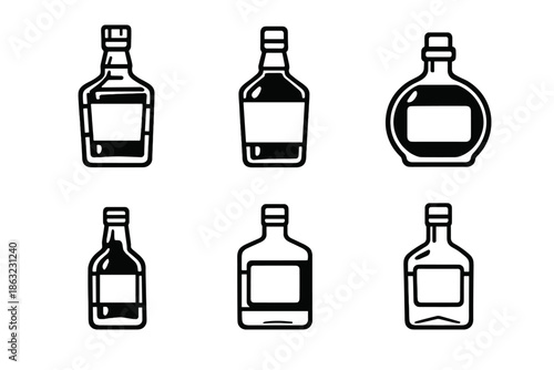 Set of six outline bottle icons on a dark background