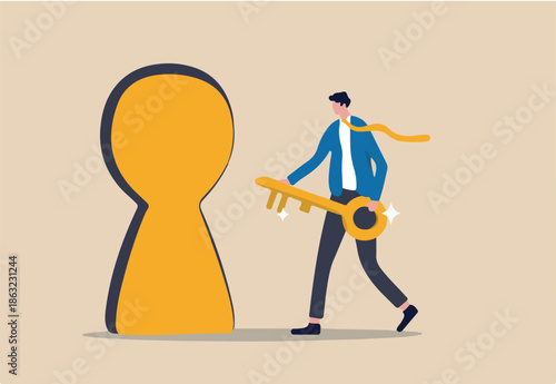 Key to success, unlock secret door to growing business, opportunity for career path or goal achievement concept, confidence businessman holding golden key and running to unlock keyhole to reach target
