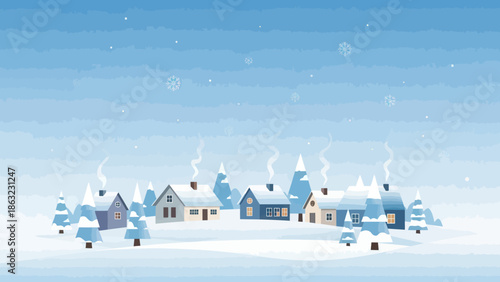 Snowy village winter landscape scene.