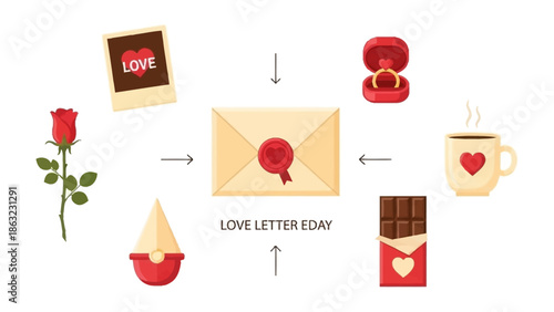 Love Letter Essentials: A charming collection of love-themed elements including a heart-shaped coffee mug, chocolate bar, and romantic symbols.