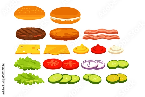 Burger Ingredients Displayed in Rows