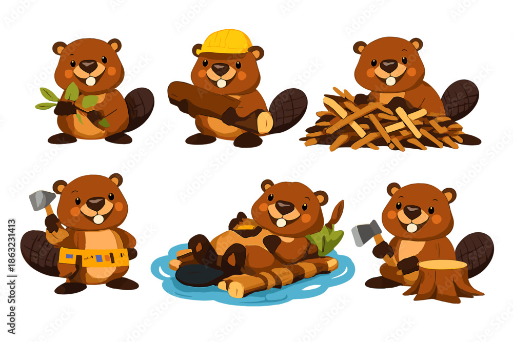 Fototapeta premium Cute Beavers Engaged in Various Activities