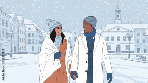 Couple Walking in Snowy City.