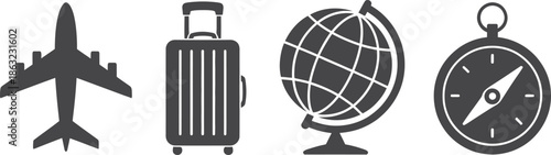 A collection of travel icons including an airplane suitcase world globe and compass on transparent background high-quality professional detailed modern
