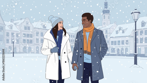 Couple Walking in Snowy City.