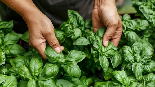 Wallpaper Mural Hands harvesting fresh basil leaves in a vibrant green herb garden Torontodigital.ca