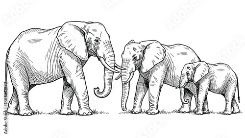 Elephant Family Walking Together in Grass: Large Adults and Baby Calf in Lineart
