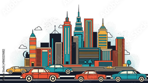 Traffic in front of city.