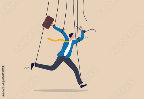 Freedom for work and decision making, authority to work independently, stop micromanagement, or people manipulation concept, businessman marionette, puppeteer use scissors to cut controlled strings. 