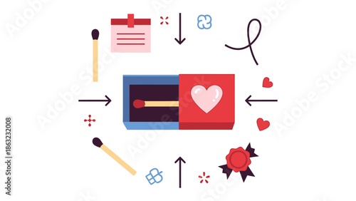 Igniting Love: A whimsical illustration showcases the spark of affection with matchbox, hearts, and decorative elements, symbolizing the beginning of a beautiful connection.