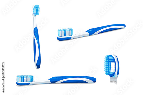 Blue and white toothbrushes on a gray background