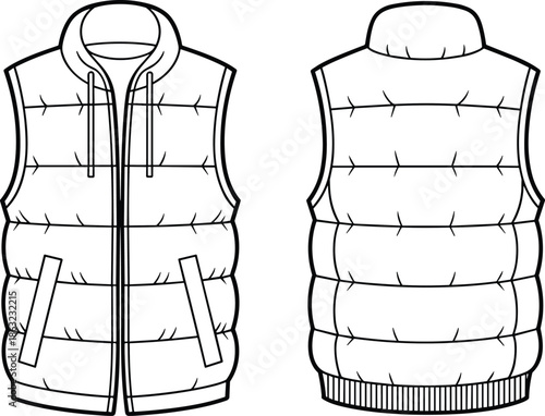 Hooded puffer vest technical line drawing front and back view sleeveless winter jacket apparel illustration outline