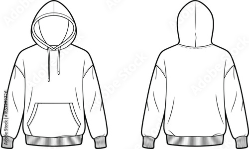 Hoodie sweatshirt technical line drawing, front and back view, apparel fashion template, casual clothing outline illustration vector design