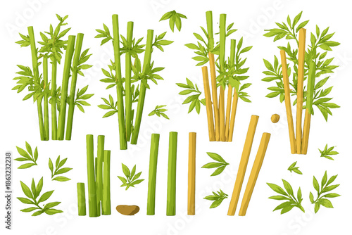 Green and gold bamboo stalks and leaves scattered on a gradient background