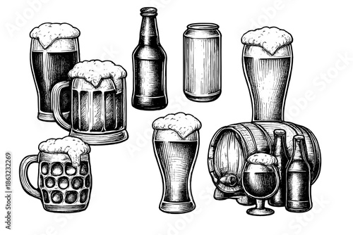 Beer Assortment: Glasses, Mugs, Bottles, Can, and Barrel