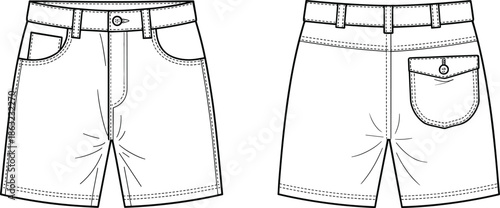 Men casual shorts technical line drawing, front and back view, apparel fashion template, clothing outline vector illustration