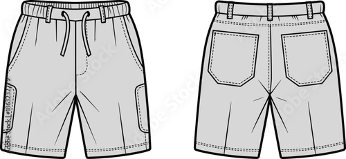 Men cargo shorts technical line drawing, front and back view, casual apparel fashion template, clothing outline vector illustration