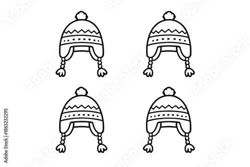 Four white winter hats with ear flaps and pom-poms on a gray background