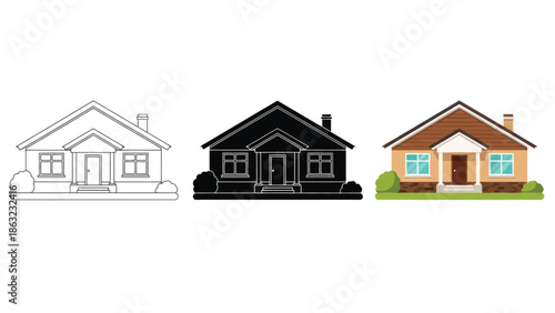 Residential Houses Vector Set in Line Art, Silhouette and Color Style for Real Estate, Architecture and Property Design