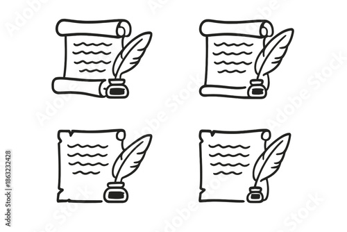 Set of four quill and ink icons on a dark background