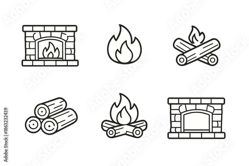 Campfire and fireplace icons on golden background