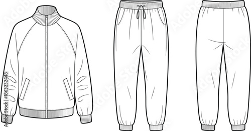 Men tracksuit technical line drawing, jacket and jogger pants front and back views, sportswear apparel fashion template vector illustration