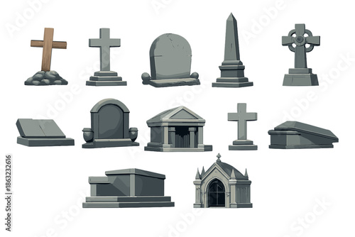 Collection of 3D cemetery monuments and grave markers