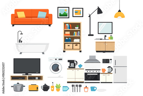 Set of furniture and appliances for home interior