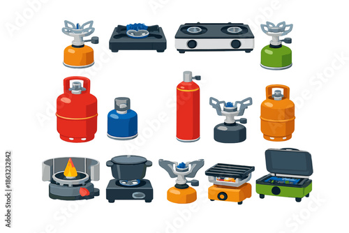 Collection of Camping and Portable Gas Stoves and Fuel Canisters