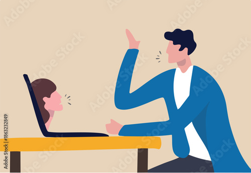 Video conference meeting with team in social distancing Coronavirus COVID-19 pandemic surreal concept, office guy working at home conference meeting with teammate girl come off computer laptop display