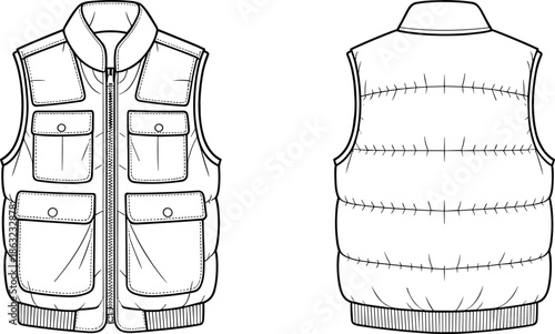 Utility puffer vest technical line drawing front and back view sleeveless winter jacket with pockets apparel illustration