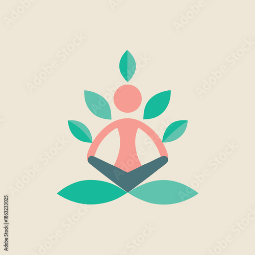 This flat style yoga logo showcases a calming pastel color palette representing peace balance and wellness with a modern aesthetic