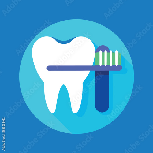 A vibrant flat style illustration depicts various dental health elements showcasing teeth a toothbrush and toothpaste promoting oral hygiene awareness