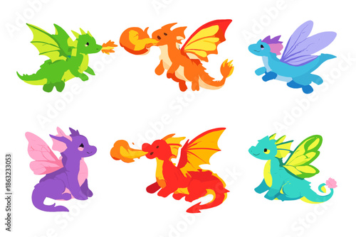 Six Cute Baby Dragons in Rainbow Colors