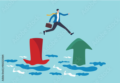 Financial plan, saving and investment or stock market rebound and economic recover concept, confidence businessman investor jump from red pointing down arrow to green rising up