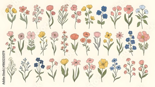 Large Set of Colorful Hand Drawn Wildflower Sketches and Botanical Elements, Spring Floral Collection for Natural Decorative Design