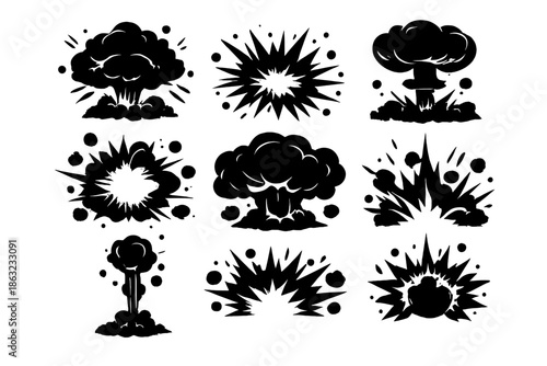 Collection of black and white explosion icons on a dark background