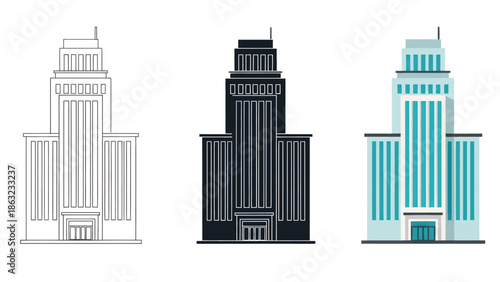 Skyscraper Vector Illustration in Three Styles Line Art Silhouette and Color Version for Modern City Architecture Design