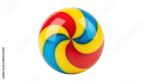 Colorful lollipop with red, yellow, and blue swirls isolated on transparent background