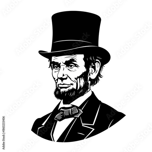 Print, Black and white silhouette of Abraham Lincoln vector. Portrait photo of President Abraham Lincoln from 1863. Was an American politician who led the United States during the Civil War.