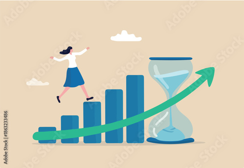 Time value of money, long term investment, business growth or success growing business, make profit or investment gain concept, woman walk up growth rising up graph with sandglass metaphor of time.