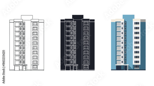 Skyscraper Vector Illustration in Three Styles Line Art Silhouette and Color Version for Modern City Architecture Design