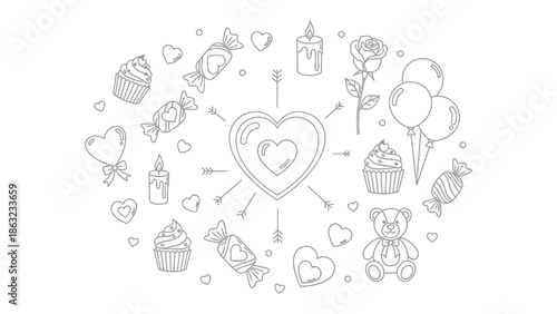Valentine's Day Line Art: A whimsical outline art piece, a heart encircled by various love-themed elements, is ready to be colored.