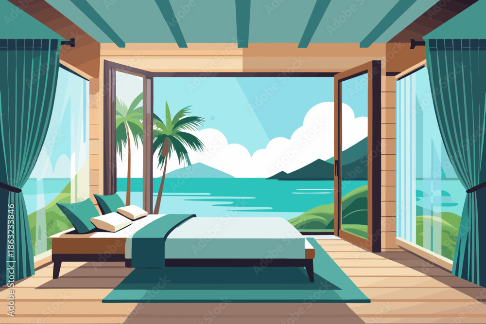 Fototapeta premium Minimalist Tropical Villa Bedroom with Ocean View and Palm Trees