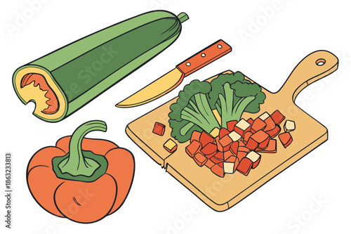 A vibrant array of fresh vegetables, including broccoli, bell pepper, and zucchini, being prepared for cooking on a cutting board with a knife.